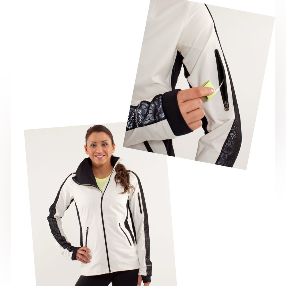 Lululemon Run: Draft Dodger Jacket in Cream/Black with Lace Accents (Size 8)